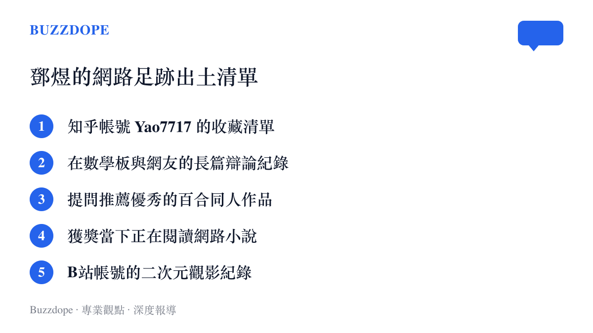 一張列出菲爾茲獎得主鄧煜在知乎與B站等平臺上五項主要網路足跡的清單圖卡