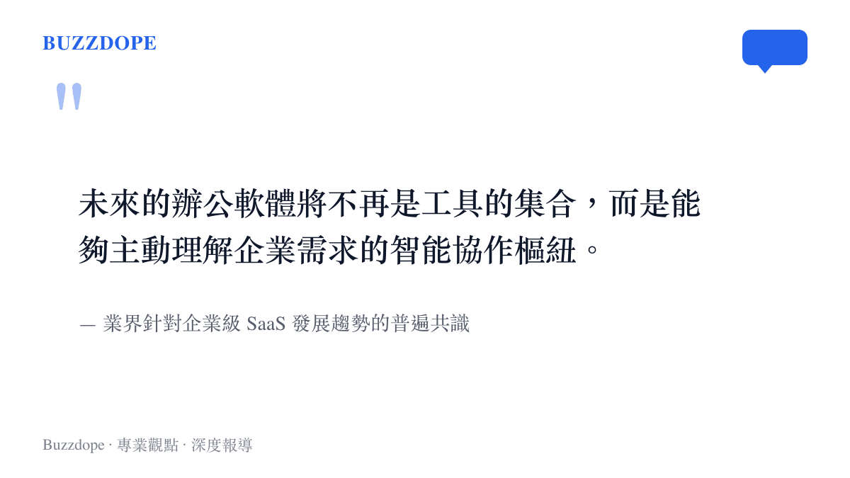 圖卡呈現業界對於未來辦公軟體將轉型為智能協作樞紐的趨勢觀點
