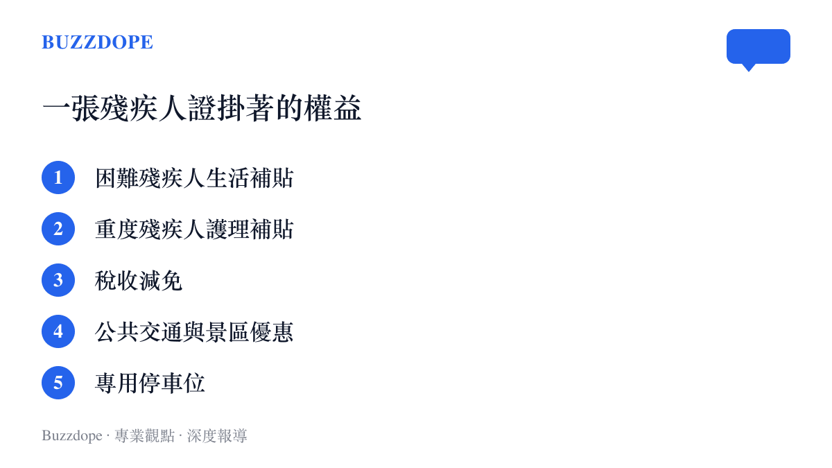 殘疾人證掛鉤的權益清單，包含生活與護理兩項補貼、稅收減免、交通與景區優惠、專用停車位共五項