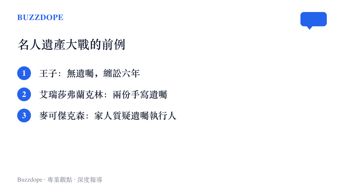 清單圖卡列出三位歌手身後的遺產爭議前例：王子無遺囑纏訟六年、艾瑞莎弗蘭克林的兩份手寫遺囑、麥可傑克森家人質疑遺囑執行人