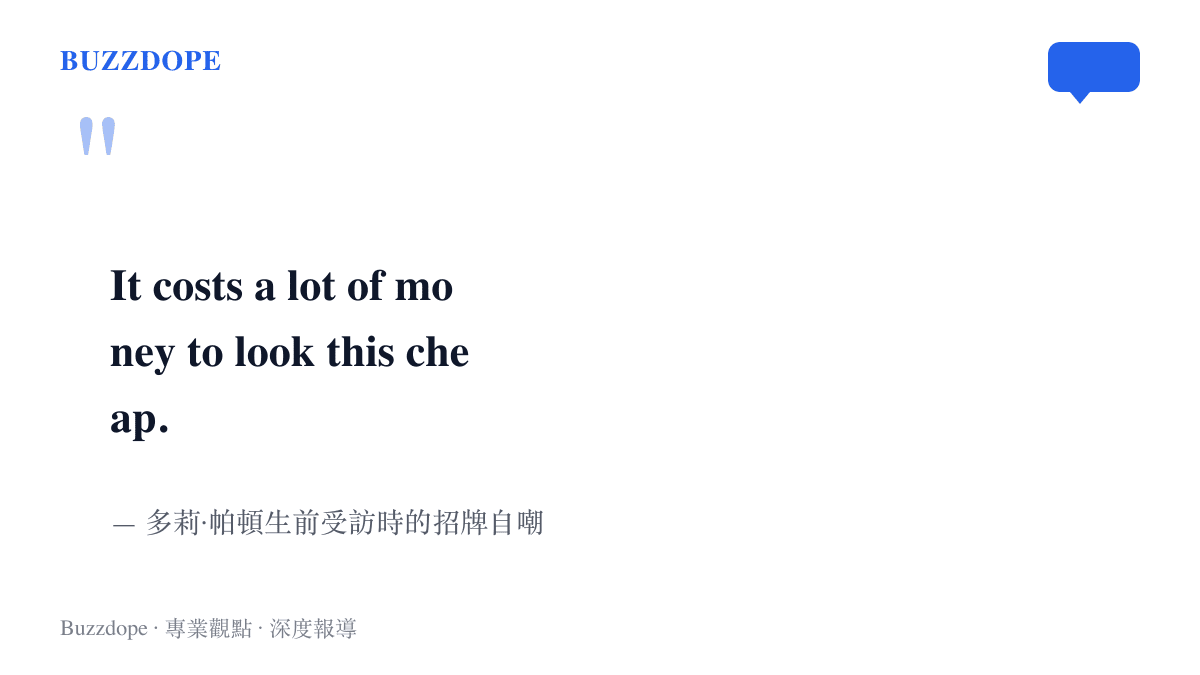 引言圖卡呈現多莉帕頓的招牌名言 It costs a lot of money to look this cheap，意指要花很多錢才能把自己弄成這副便宜的樣子