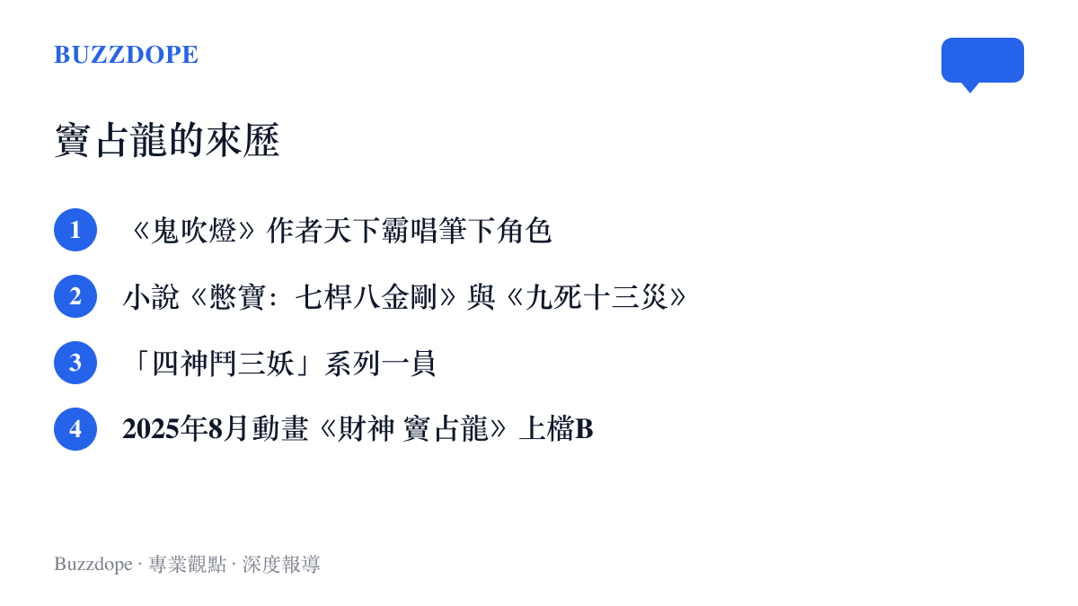 清單圖列出作家天下霸唱筆下角色竇佔龍的來歷，包含憋寶七桿八金剛與九死十三災兩部小說、四神鬥三妖系列歸屬，以及2025年8月登上B站國創的動畫財神竇佔龍
