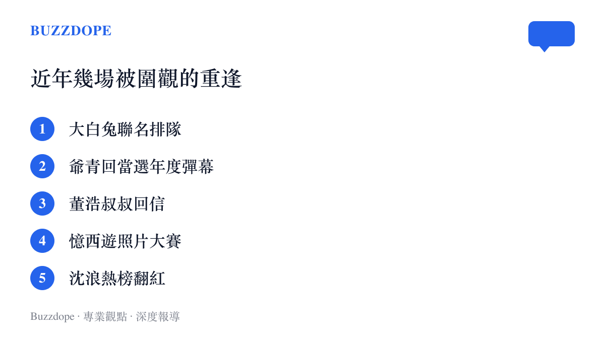 清單圖卡整理近年幾場被網友圍觀的童年重逢案例，從大白兔聯名排隊、爺青回當選年度彈幕，到董浩叔叔回信與憶西遊公園照片大賽