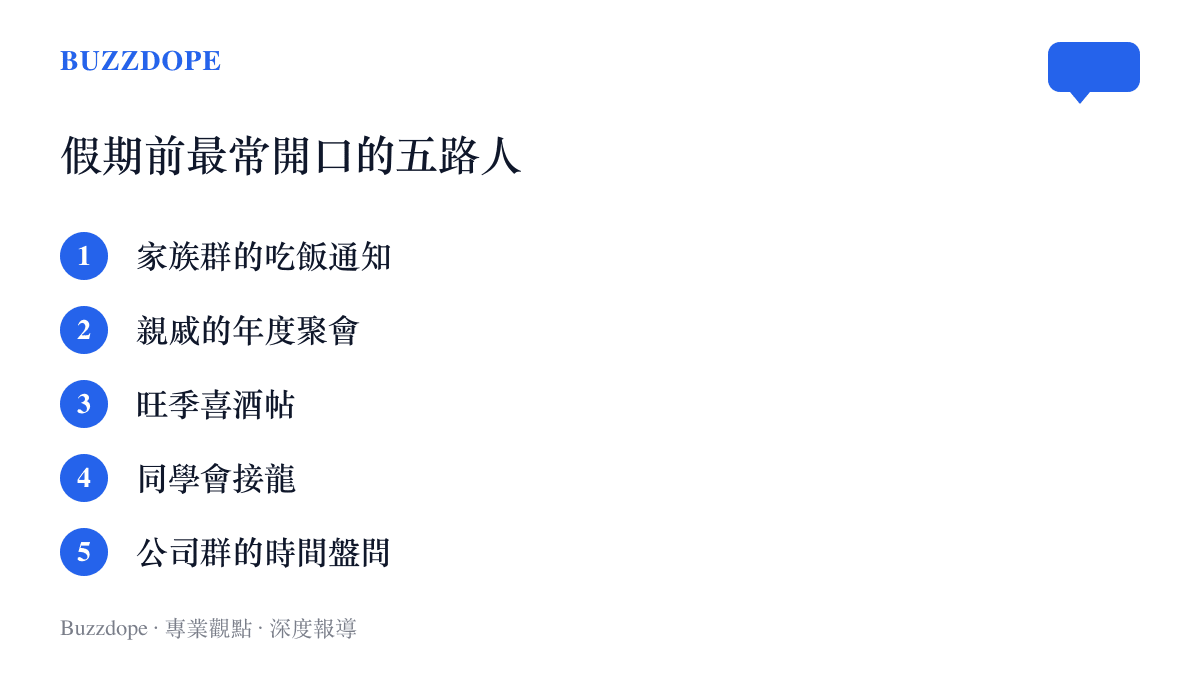 假期前最常開口詢問行程的五種對象：家族羣的喫飯通知、親戚的年度聚會、連假旺季的喜酒帖、同學會接龍與公司羣的時間盤問