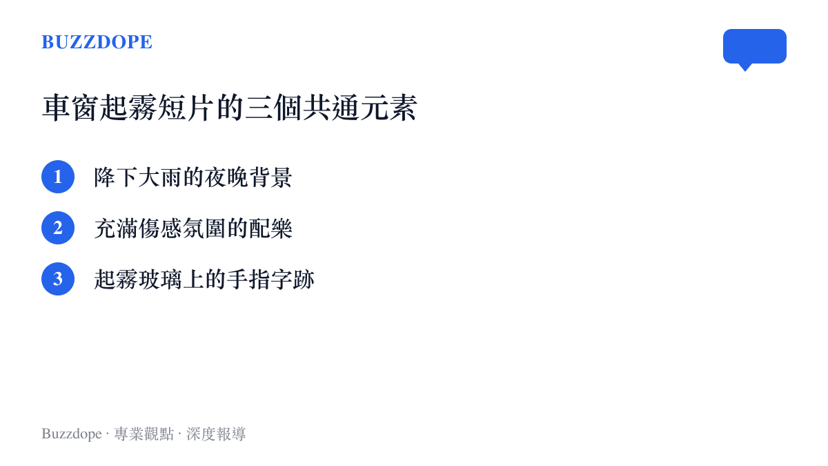 條列式清單整理出抖音車窗起霧短片的三大共通視覺與聽覺元素，包含雨夜、配樂與手指字跡
