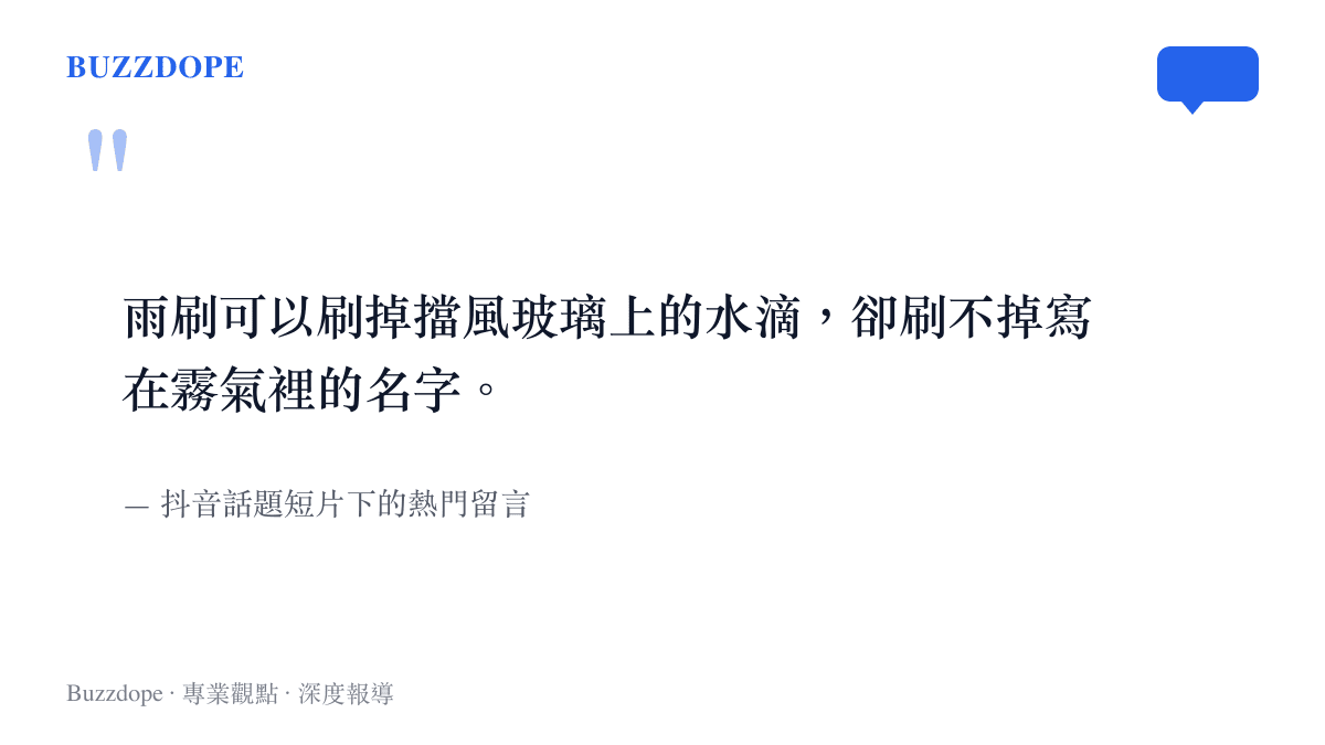 引述抖音短片話題下的一則熱門網友留言，內容表達雨刷能清除水滴卻無法抹去思念的情感