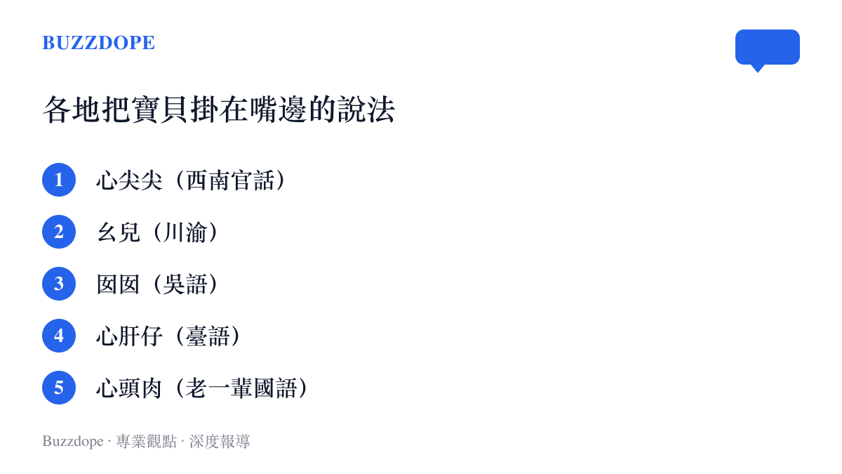 清單圖列出不同方言裡稱呼最珍視之人的說法，包含西南官話的心尖尖、川渝的幺兒、吳語的囡囡、臺語的心肝仔，以及老一輩國語說的心頭肉