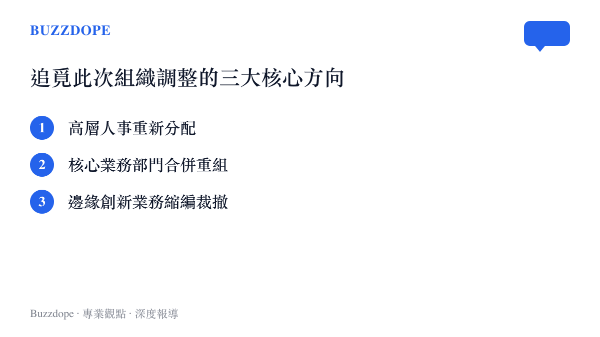 圖卡列出追覓科技組織調整的三大核心方向，包含高層人事重分配、業務部門合併與邊緣業務縮編