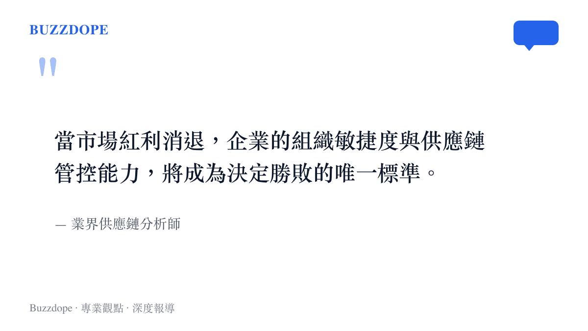 引述業界供應鏈分析師的觀點，指出市場紅利消退後，企業的組織敏捷度與供應鏈管控能力是勝敗關鍵