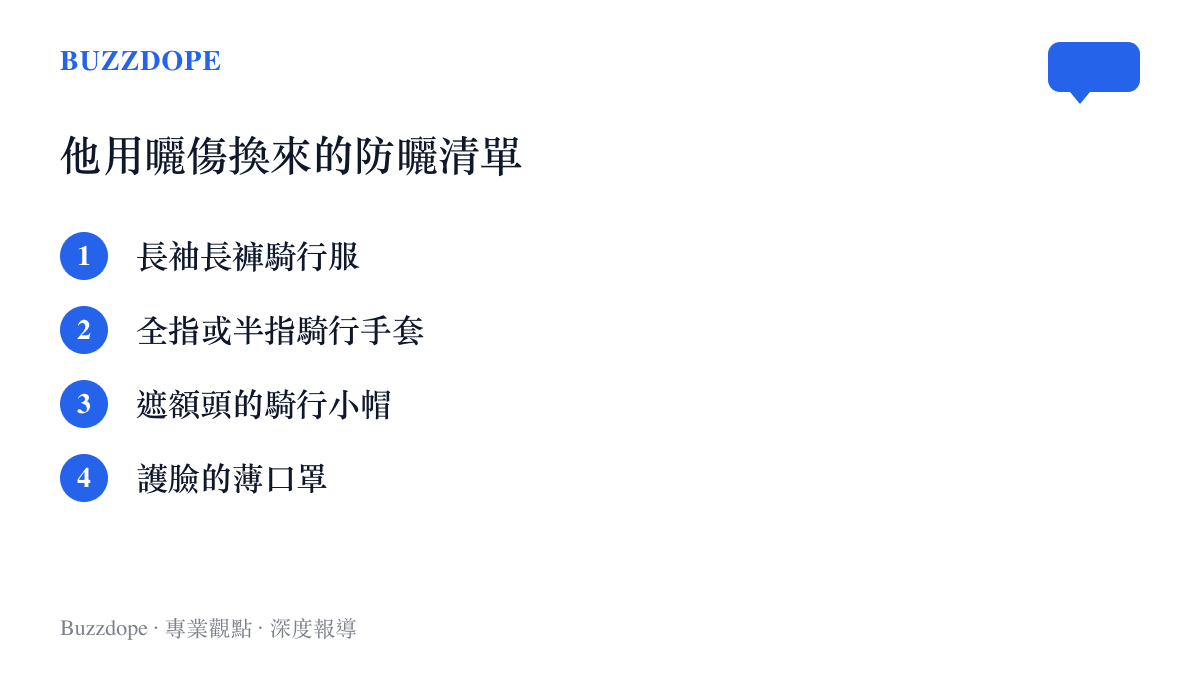 圖中列出獨庫公路騎行的四項防曬裝備：長袖長褲騎行服、全指或半指手套、遮額頭的騎行小帽，以及護臉的薄口罩。