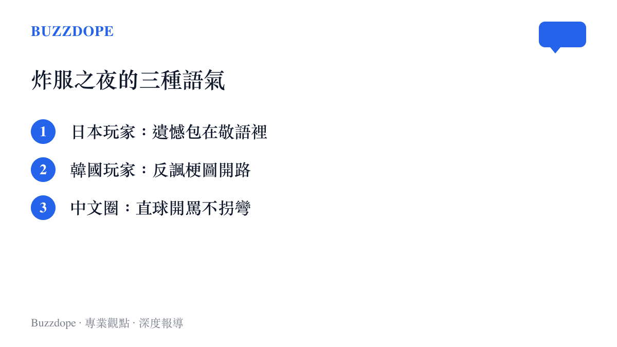 清單圖卡列出日本、韓國與中文圈玩家面對黃昏血族炸服時的三種典型反應：敬語遺憾、反諷梗圖與直球開罵