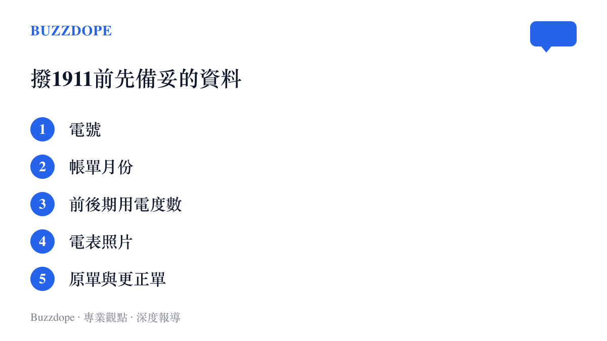 清單圖卡列出撥打臺電1911客服前應先準備的五項資料：電號、帳單月份、前後期用電度數、電表照片，以及已收到的原單與更正單