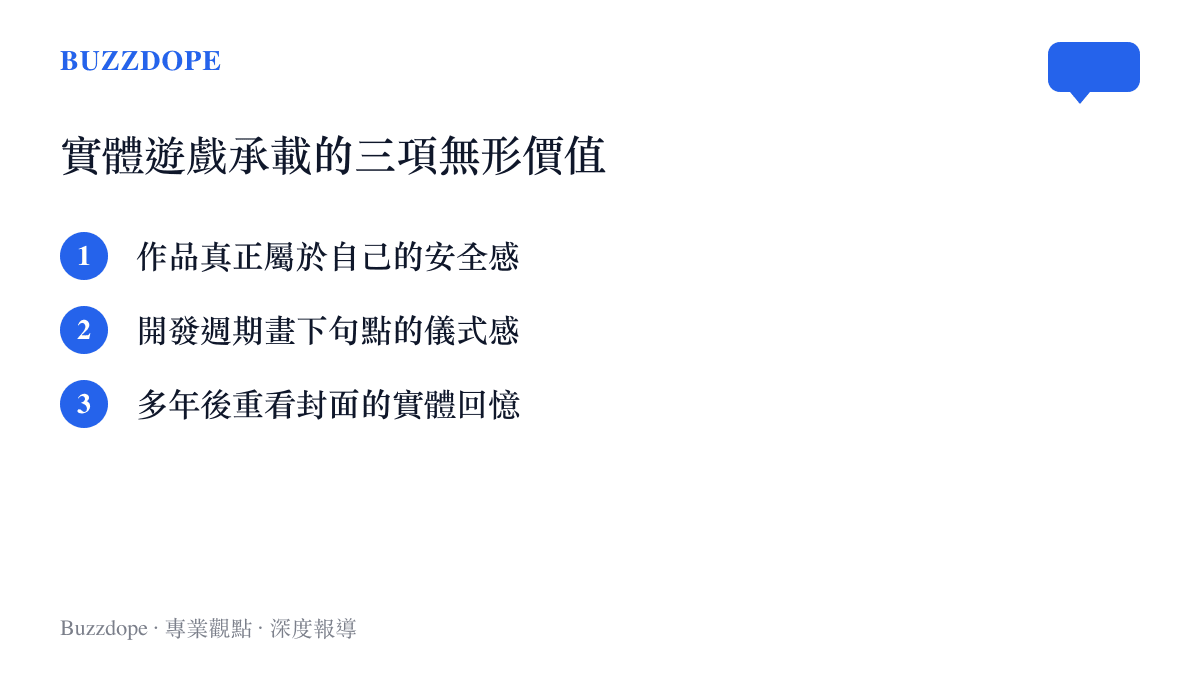 清單列出品實體遊戲盒為玩家與開發者帶來的所有權、儀式感與實體回憶等三項價值