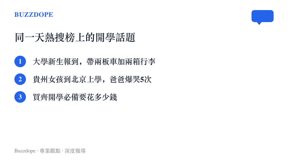 同一天百度熱搜榜上的三則開學話題：用板車載行李的新生、爆哭五次的父親、開學必備清單的花費