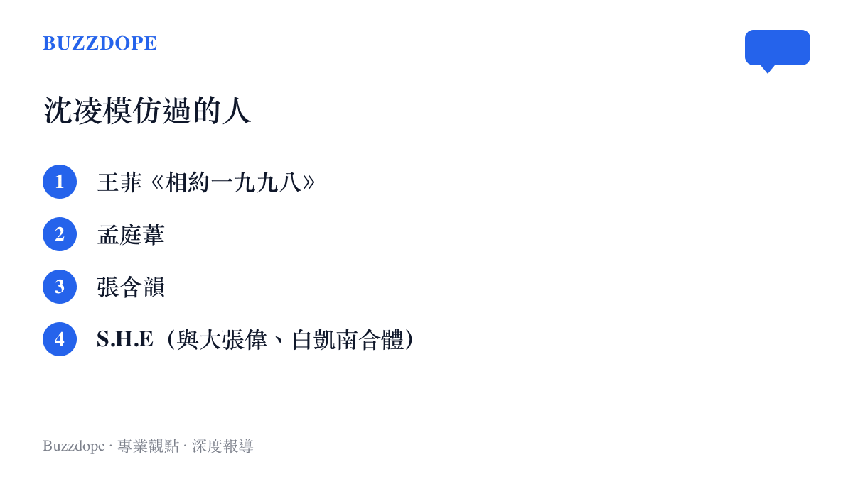 沈凌在《百變大咖秀》模仿過的對象清單，包括王菲的相約一九九八舞臺、孟庭葦、張含韻，以及與大張偉白凱南三人合體的S.H.E