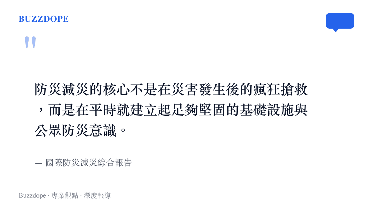 引言圖卡引述國際防災報告指出，防災核心在於堅固的基礎設施與平時的公眾防災意識建立