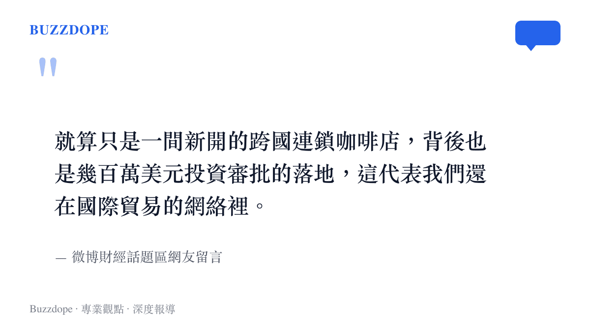 引述圖卡呈現微博網友將跨國連鎖咖啡店開幕與外資投資審批落地連結的觀點