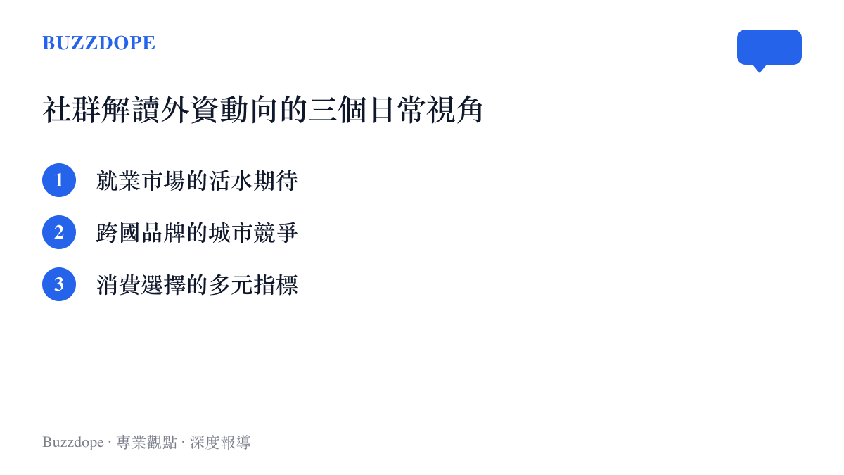 清單圖卡列舉社羣網友解讀外資動向時常採用的就業、城市競爭與消費三個日常視角