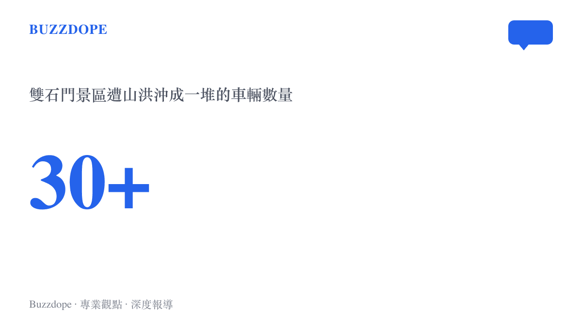 統計圖卡呈現甘肅雙石門景區有超過三十輛汽車遭到山洪沖成一堆的災情數據