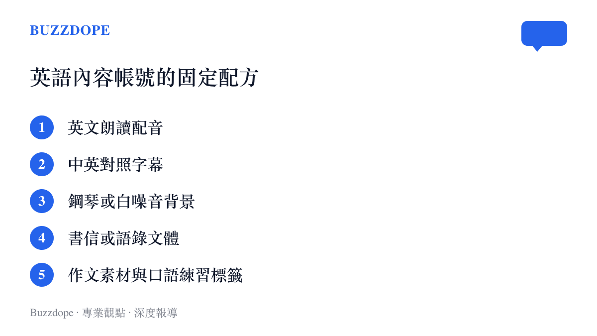 畫面列出英語內容帳號的常見配方，包含英文朗讀配音、中英對照字幕、鋼琴或白噪音背景音樂、書信或語錄文體，以及作文素材與口語練習的用途標籤
