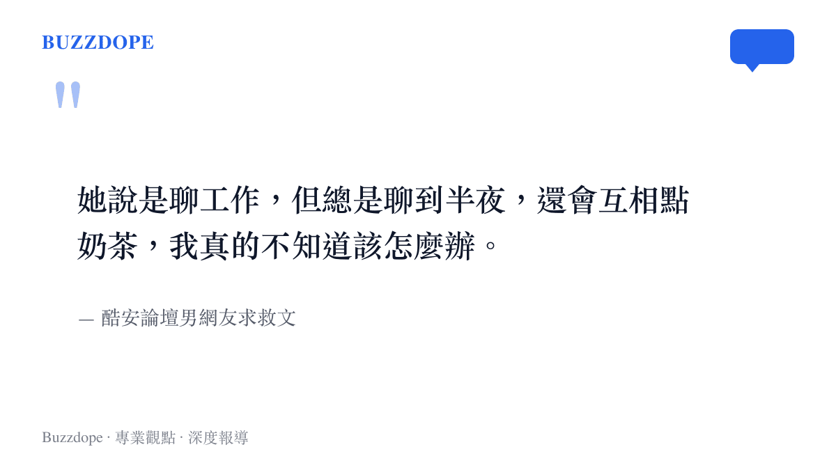 一張引述卡片呈現男網友對於女友深夜與主管聊天且互請奶茶的焦慮心聲