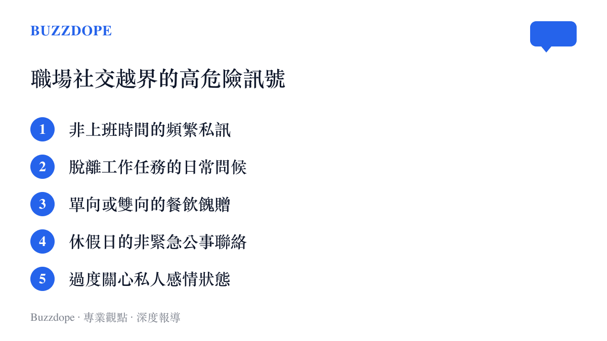 清單圖卡列出五項判斷職場人際互動是否跨越正常社交邊界的危險指標