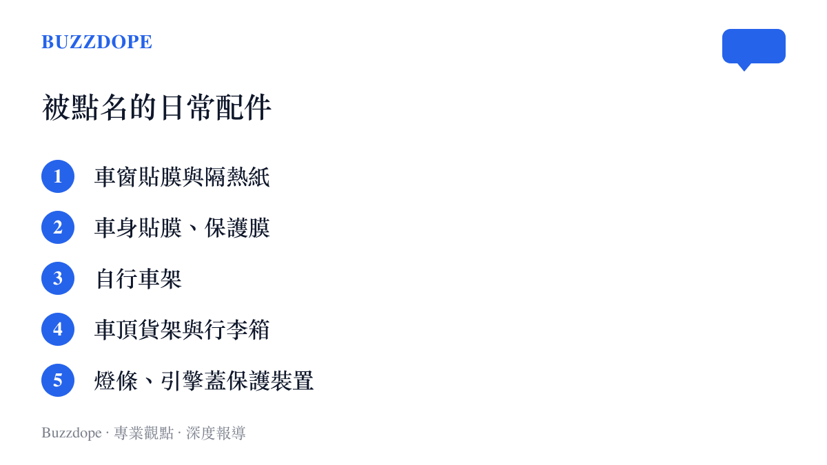 清單圖卡列出通用汽車聲明點名、可能影響輔助駕駛的日常配件，包括隔熱紙、車身貼膜、自行車架、車頂貨架與燈條