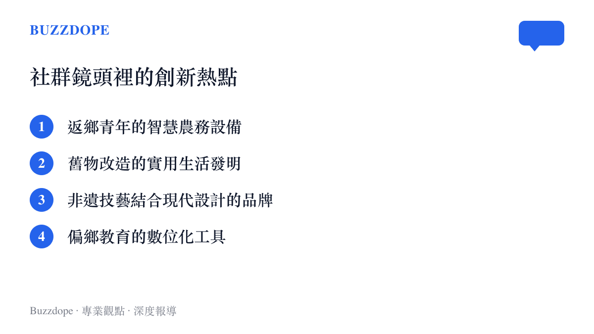 清單圖卡列舉了近期在社羣平臺上受到高度關注的四種草根創新主題，包括智慧農務、舊物改造、傳統技藝與偏鄉教育。
