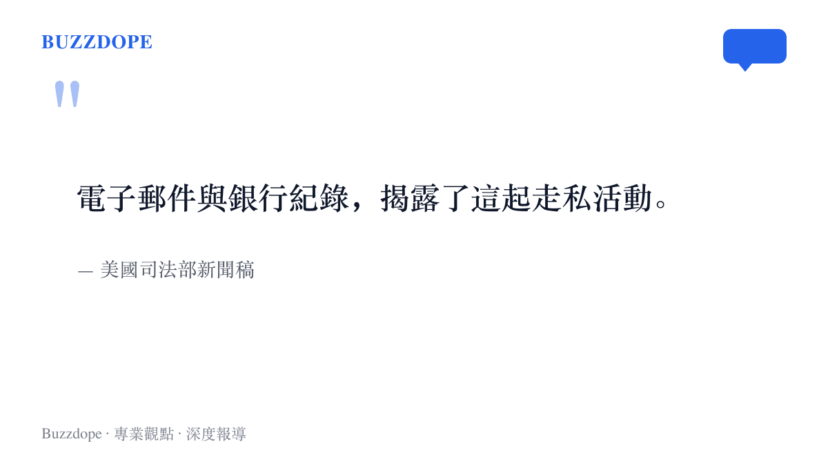 引言圖卡呈現美國司法部新聞稿的說法，指電子郵件與銀行紀錄揭露了這起晶片走私活動