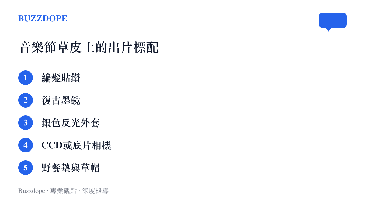 清單圖卡列舉音樂節現場常見的拍照裝備，包括編髮貼鑽、復古墨鏡、銀色反光外套、CCD或底片相機、野餐墊與草帽