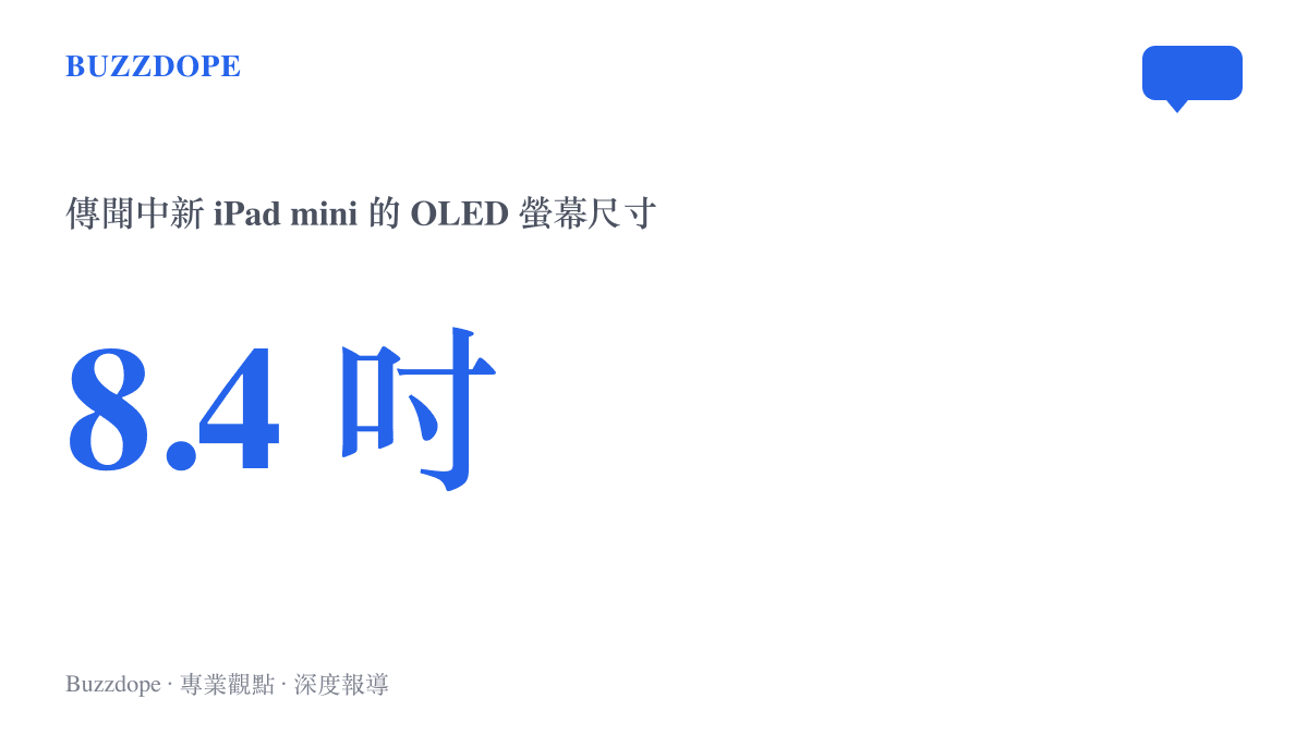 統計圖卡標示傳聞中新款 iPad mini 將採用 8.4 吋 OLED 螢幕的尺寸數字，並註明來源為未經官方證實的供應鏈傳聞