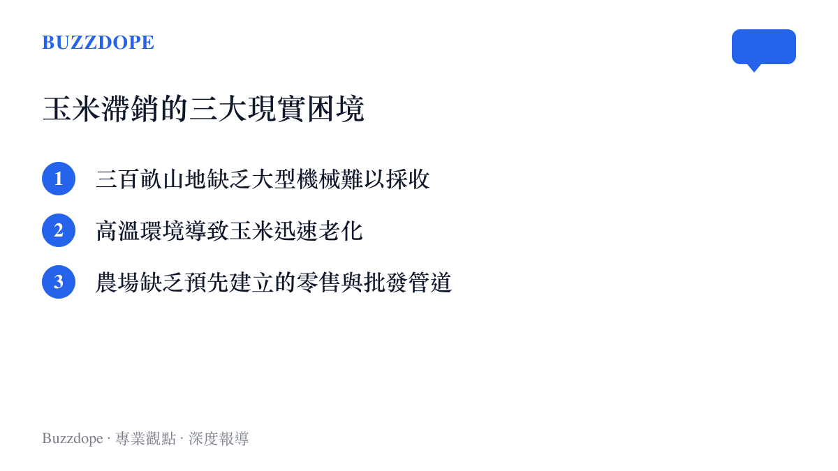 列出杭州淳安玉米大豐收後面臨的三個主要銷售與採收障礙