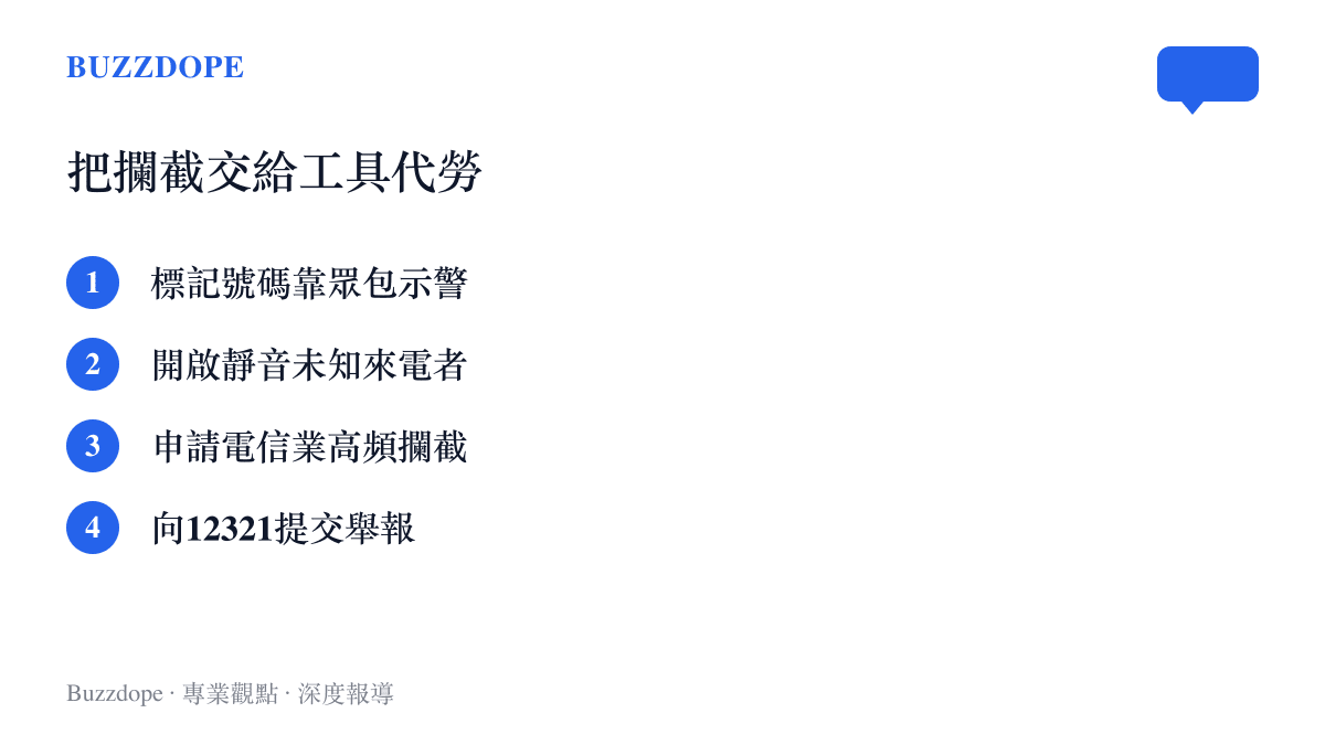 清單圖列舉面對騷擾電話可交給工具處理的幾種方式：標記號碼靠眾包示警、開啟靜音未知來電者功能、申請電信業者的高頻攔截服務、向12321舉報平臺提交檢舉