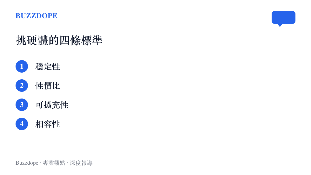 圖卡列出 HomeLab 作者挑選硬體時排序的四條標準，依序是穩定性、性價比、可擴充性與相容性