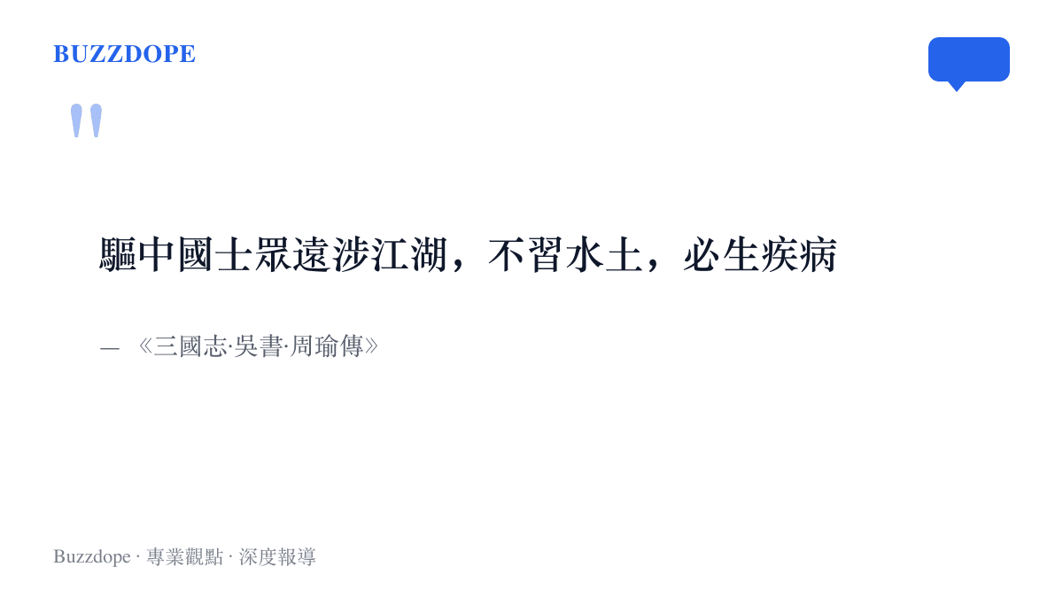 引言圖卡呈現《三國志·吳書·周瑜傳》中周瑜分析曹軍遠涉江湖、不習水土必生疾病的原句，說明水土不服一詞的軍事來歷