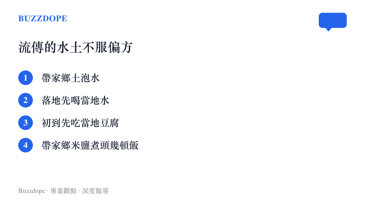 清單圖列出四項流傳的水土不服偏方：帶家鄉土泡水喝、抵達後先喝一口當地水、初到異地先喫當地豆腐、用家鄉的米和鹽煮頭幾頓飯