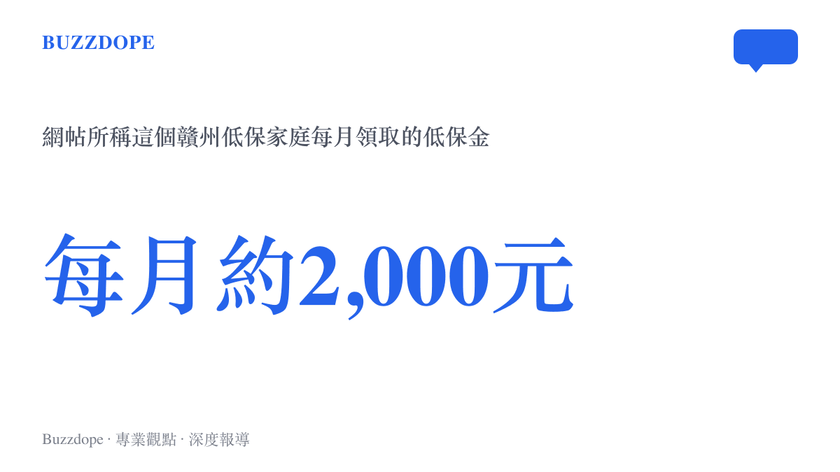 統計圖呈現網帖所述贛州這個低保家庭每月約兩千元的低保金額，為一家人的主要生活來源