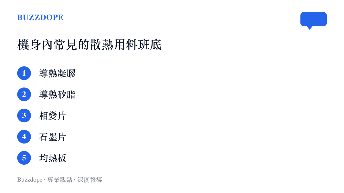圖中列舉導熱凝膠、導熱矽脂、相變片、石墨片與均熱板五種常見的機身散熱用料