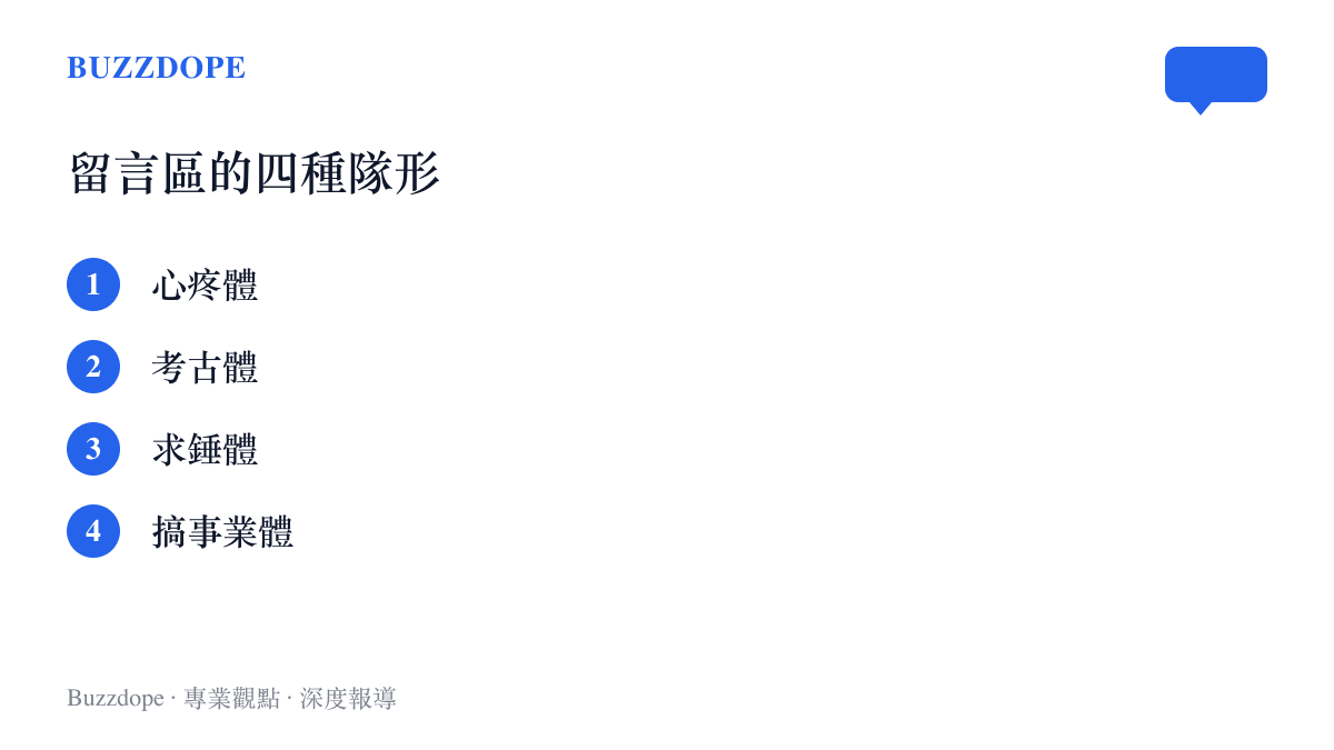 清單圖列出熱搜詞條下常見的四種留言類型：心疼體、考古體、求錘體與搞事業體