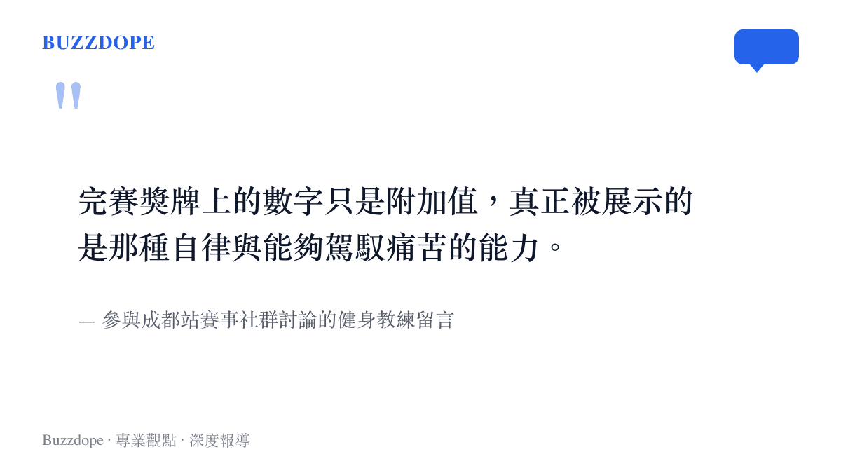 一張引述健身教練觀點的圖卡，說明參賽者真正在意的是展現自律與駕馭痛苦的能力