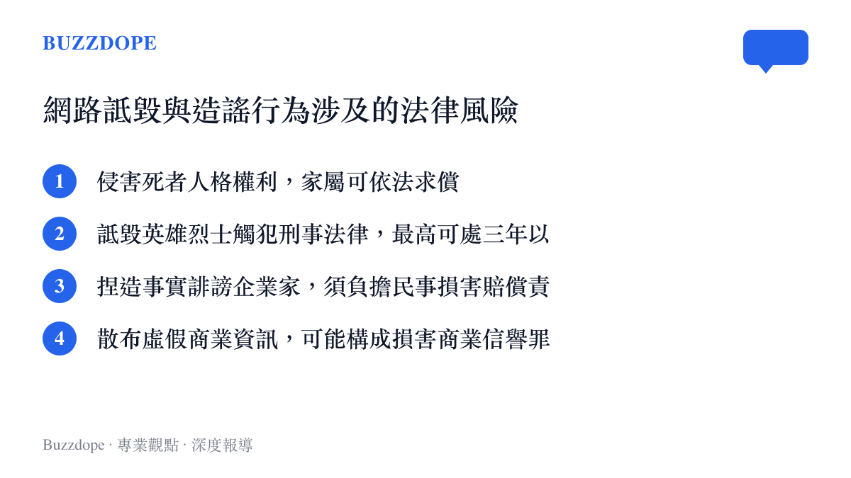 列舉網路詆毀造謠行為涉及的四項法律風險，包含民事求償與刑事責任