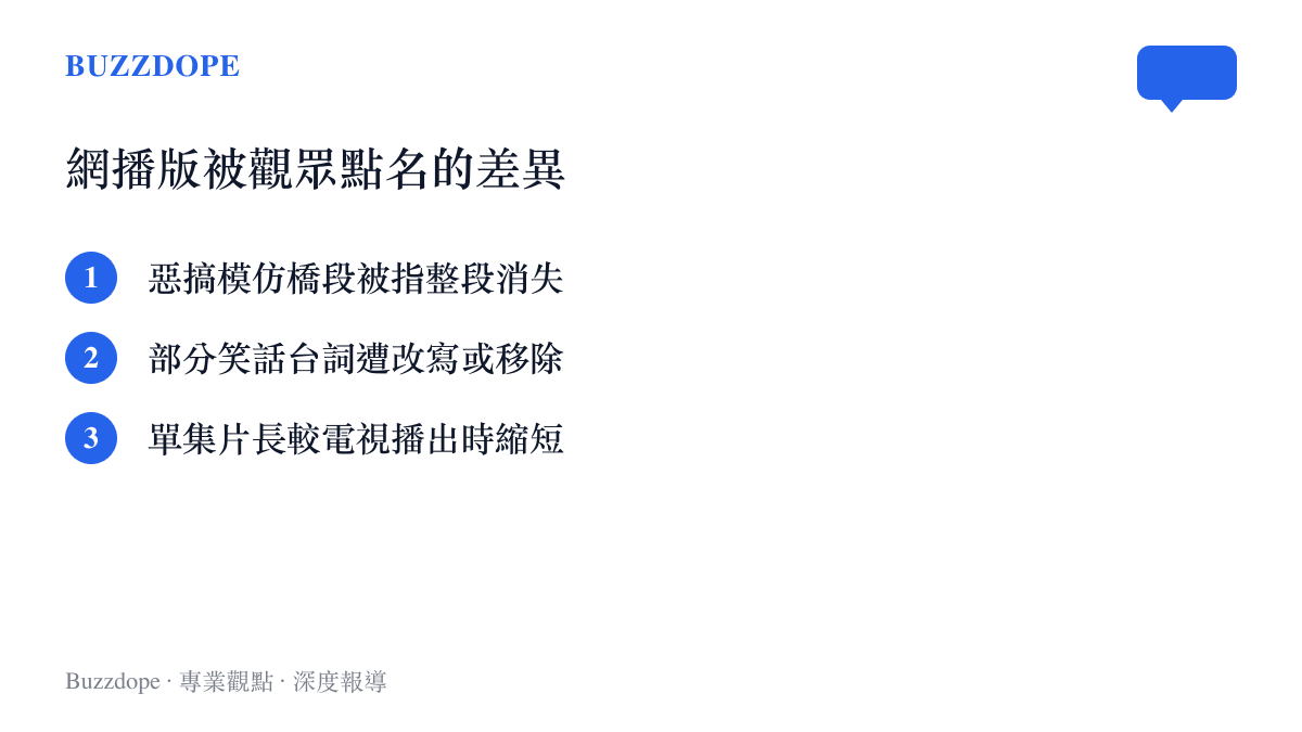 《愛情公寓》網播版被觀眾逐集點名的差異類型：惡搞模仿橋段消失、臺詞改寫或移除、單集片長縮短