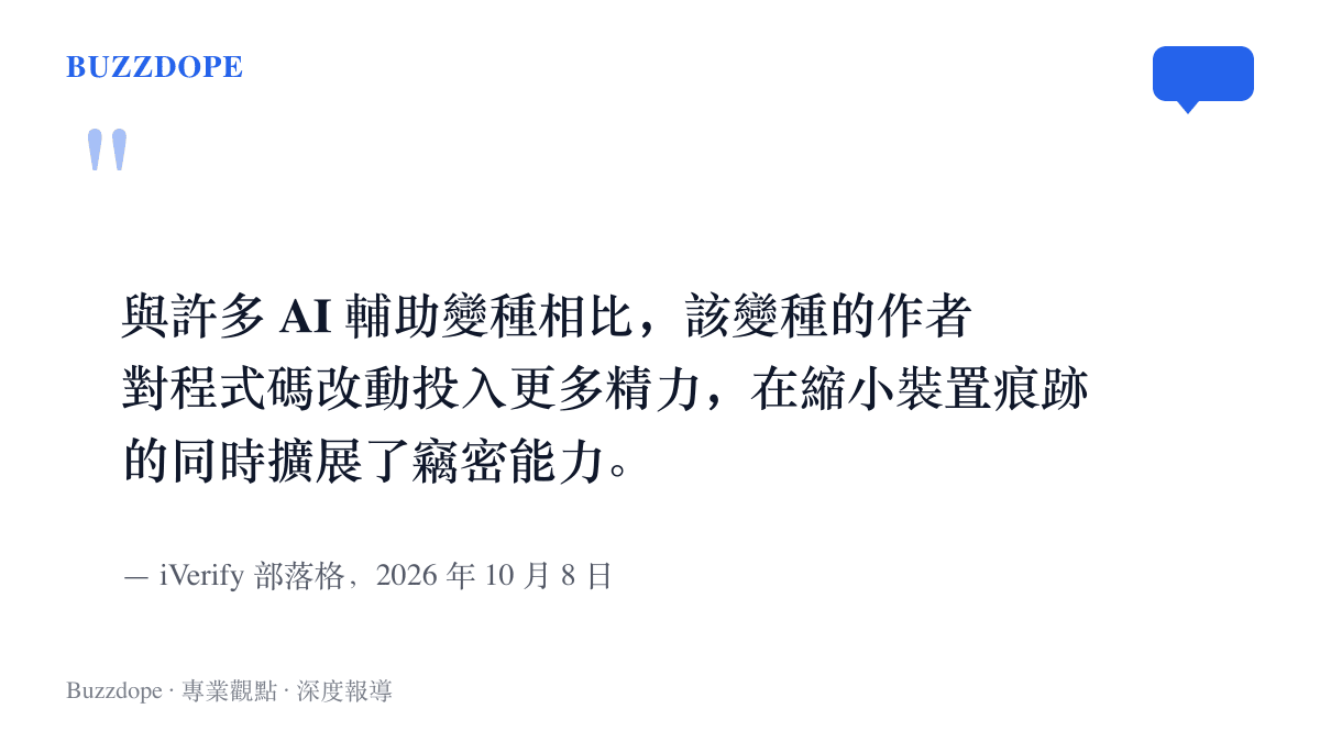 引言圖卡呈現 iVerify 對 P7 DarkSword 的評語：比起 AI 輔助的變種，其作者更願意手工打磨程式碼，一面縮小足跡一面擴充竊密功能