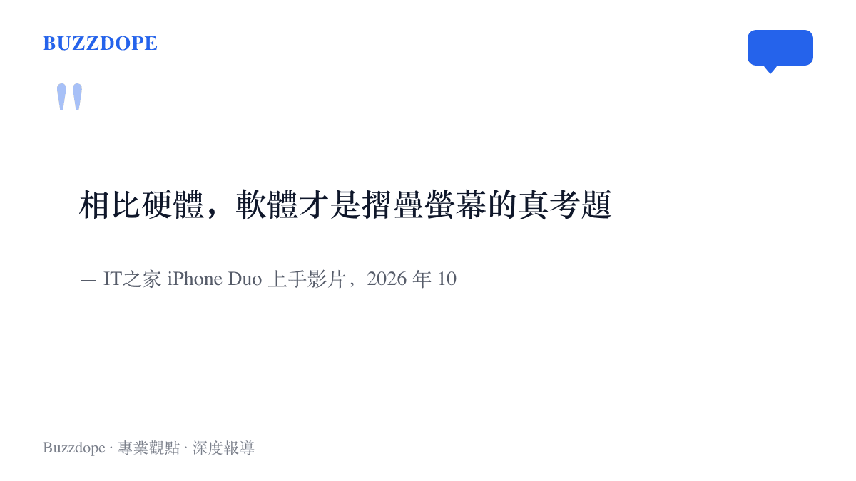 引言圖卡寫著 IT之家 iPhone Duo 上手影片的核心結論：相比硬體，軟體才是摺疊螢幕的真考題