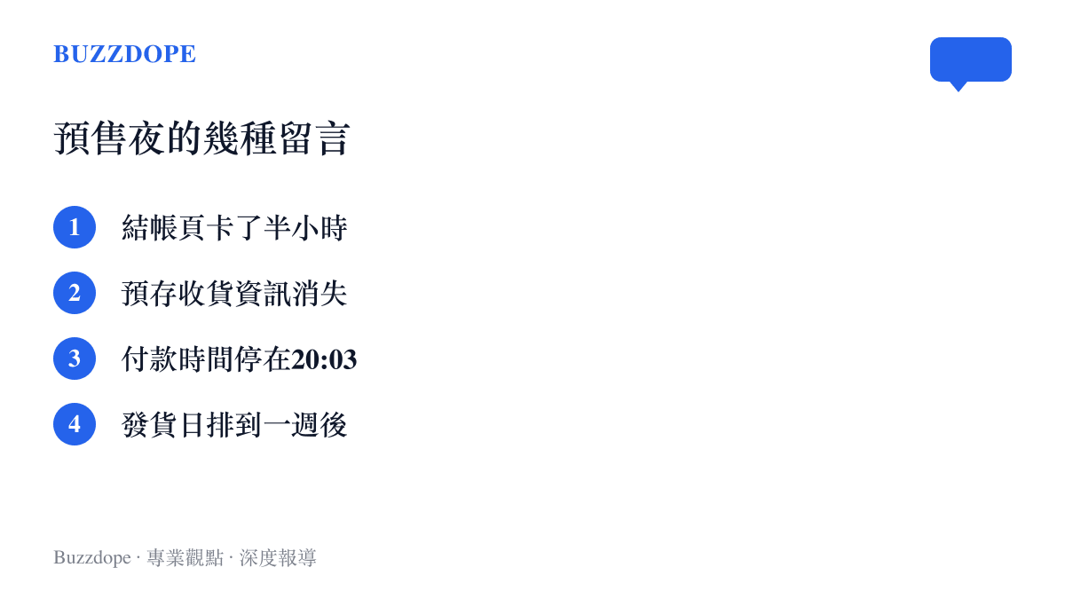 清單圖卡列出預售夜網友遭遇的四種狀況：結帳頁卡頓半小時、預存收貨資訊消失、付款時間停在二十點零三分、發貨日期排到一週之後