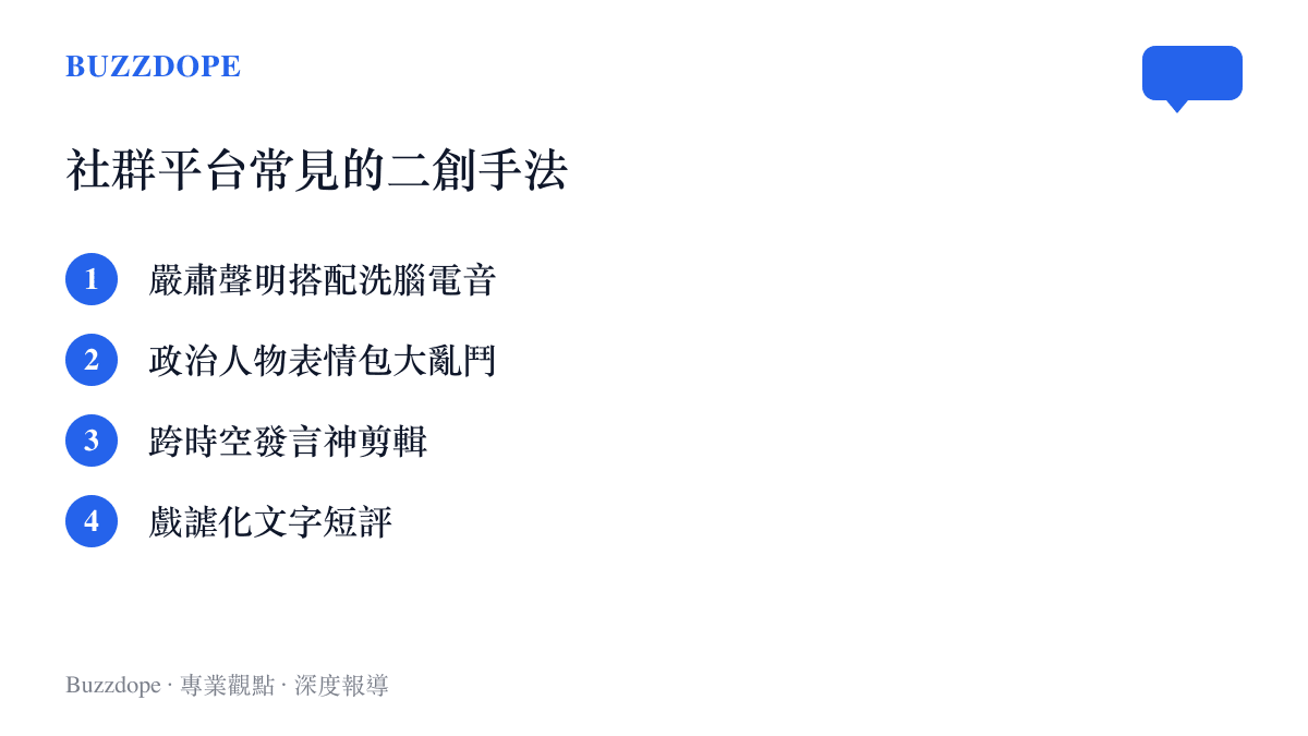 列出社羣平臺上處理國際政治新聞時常見的四種二創手法包括洗腦電音與表情包