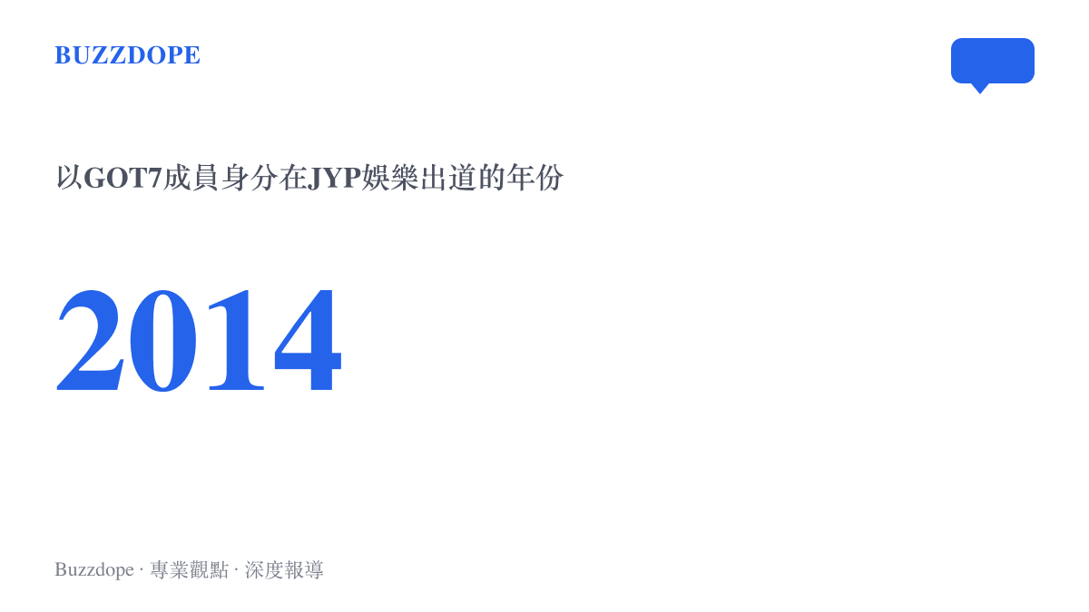 數字圖卡呈現2014年，王嘉爾以七人男團GOT7成員身分在韓國JYP娛樂出道，個人演藝年資從這一年起算