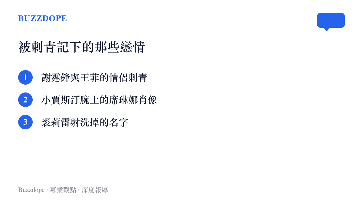 清單圖卡列出三段被刺青記錄或抹去的明星戀情：謝霆鋒與王菲的情侶刺青、小賈斯汀手腕上的席琳娜肖像、安潔莉娜裘莉雷射洗掉的前夫名字