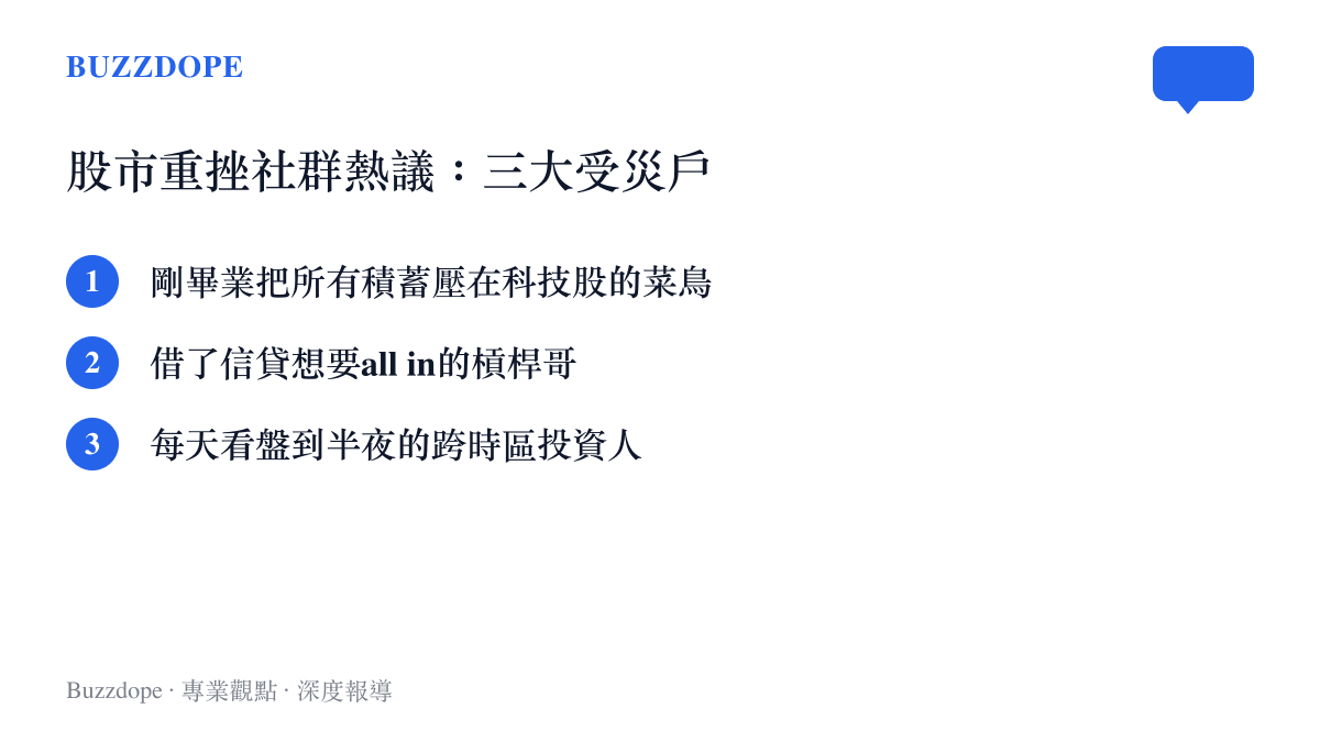 清單圖卡列舉網友討論中在股市暴跌時最受影響的三種投資人樣態