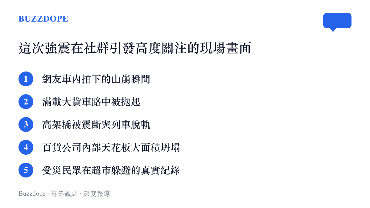 條列列出日本強震期間在社羣網路上引發大量轉發的五個關鍵現場畫面，包含山崩、貨車拋起與建築損毀